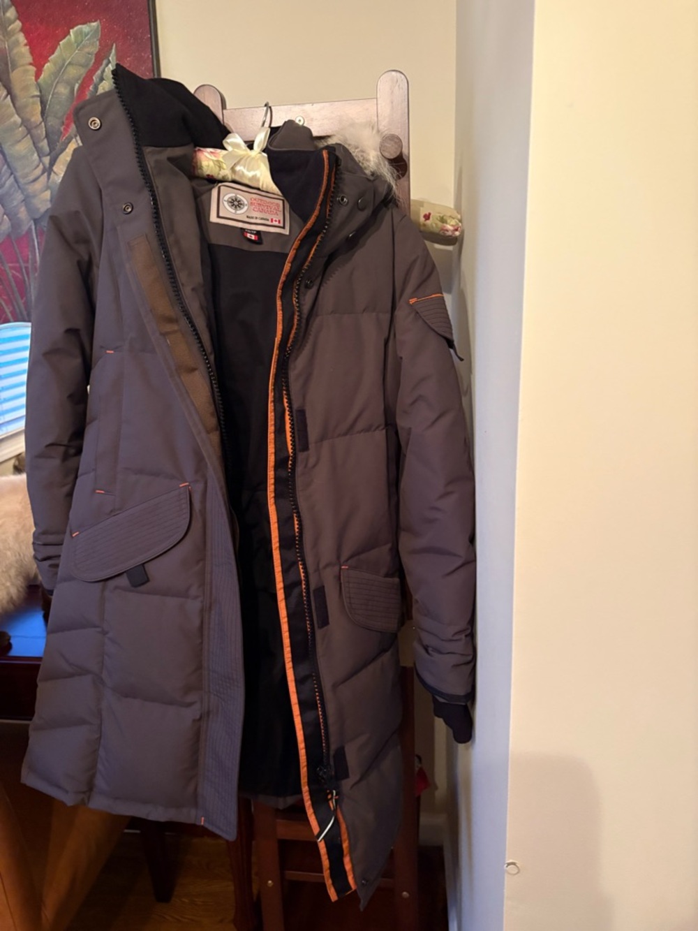 Long Quilted Women's Puffer Coat in Gray with Orange Trim